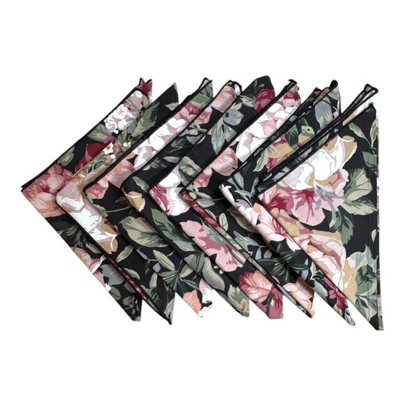 Vintage Black Floral Cloth Napkin Set Of 8 Rose Pattern Victorian Formal Dining - Picture 1 of 6